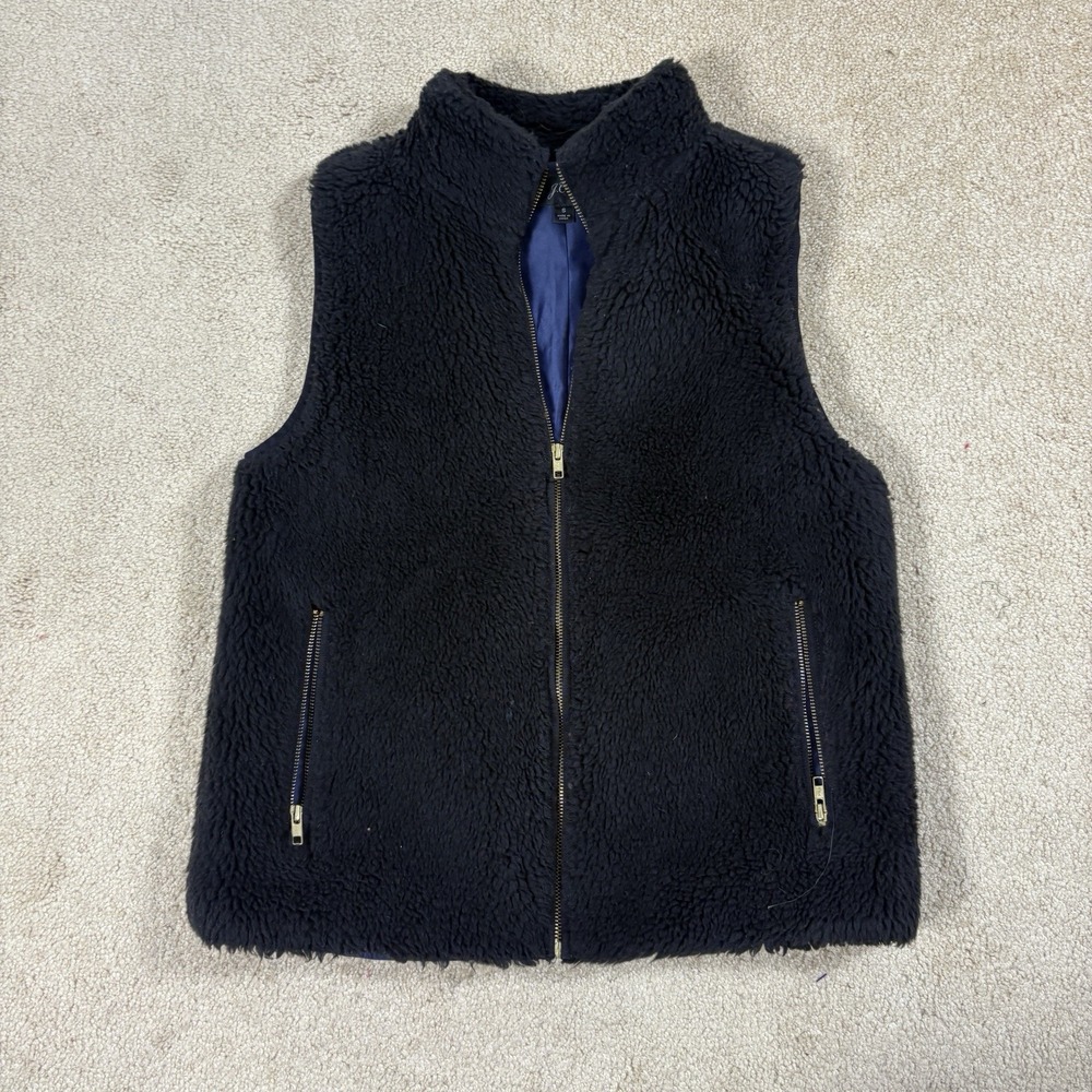 J Crew Womens Small Black Plush Fleece Excursion Zip Up Vest E1535 Faux Fur
